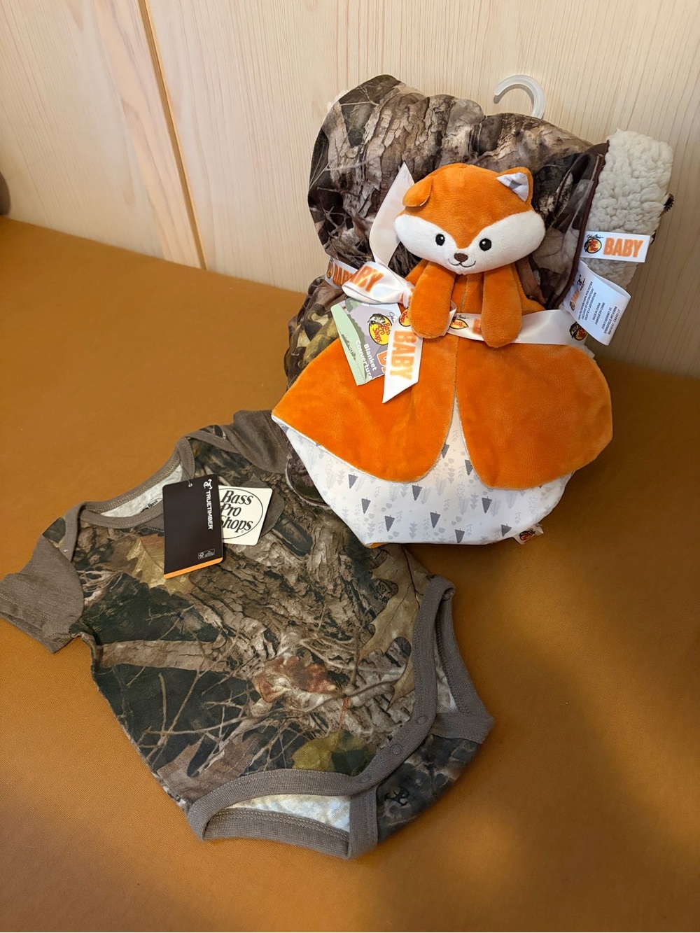 Camo Baby Onesie & Plush Fox Blanket Set - Olive, Brown, Orange